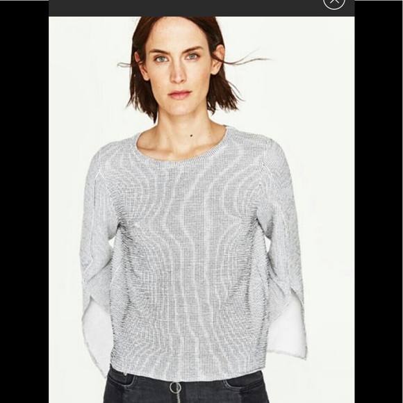 Zara Split Sleeve Ribbed Top with Check Pattern M - Picture 4 of 7